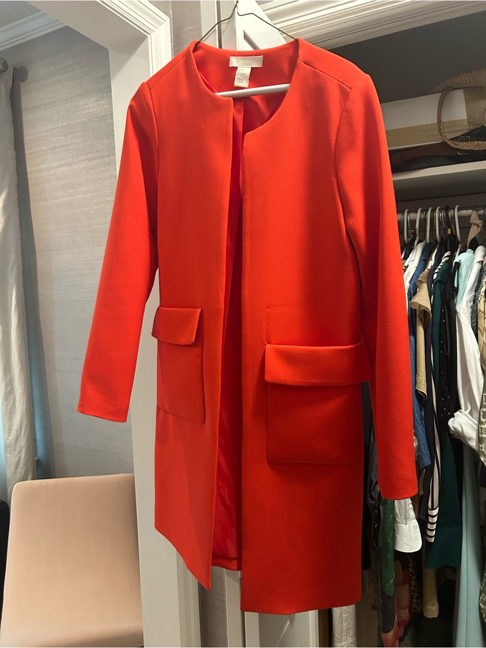 Zara Bright Orange Collarless Long Blazer Coat